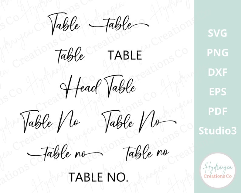 May include: A set of eight table number designs in black script font. The designs include "Table", "TABLE", "Head Table", "Table No", "Table no", and "TABLE NO."