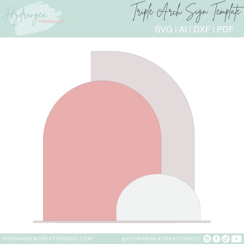 May include: Triple arch sign template design with three overlapping arches in pink, light gray, and white. The template is for a sign with a flat base.