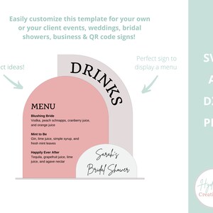 May include: A pink and white printable sign with the text "DRINKS" and "MENU" with a list of drinks for a bridal shower. The sign also includes the text "Sarah's Bridal Shower".