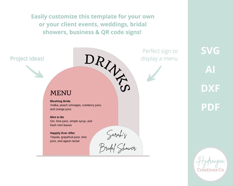 May include: A pink and white printable sign with the text "DRINKS" and "MENU" with a list of drinks for a bridal shower. The sign also includes the text "Sarah's Bridal Shower".
