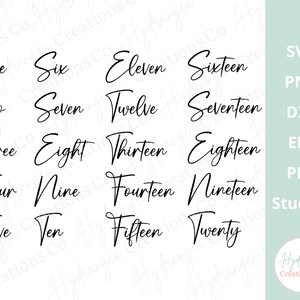 May include: A black and white image of the numbers one through twenty written in a cursive script font. The numbers are arranged in four columns of five numbers each. The image also includes the text "SVG, PNG, DXF, EPS, PDF, Studio3, Hydrangea Creations Co."