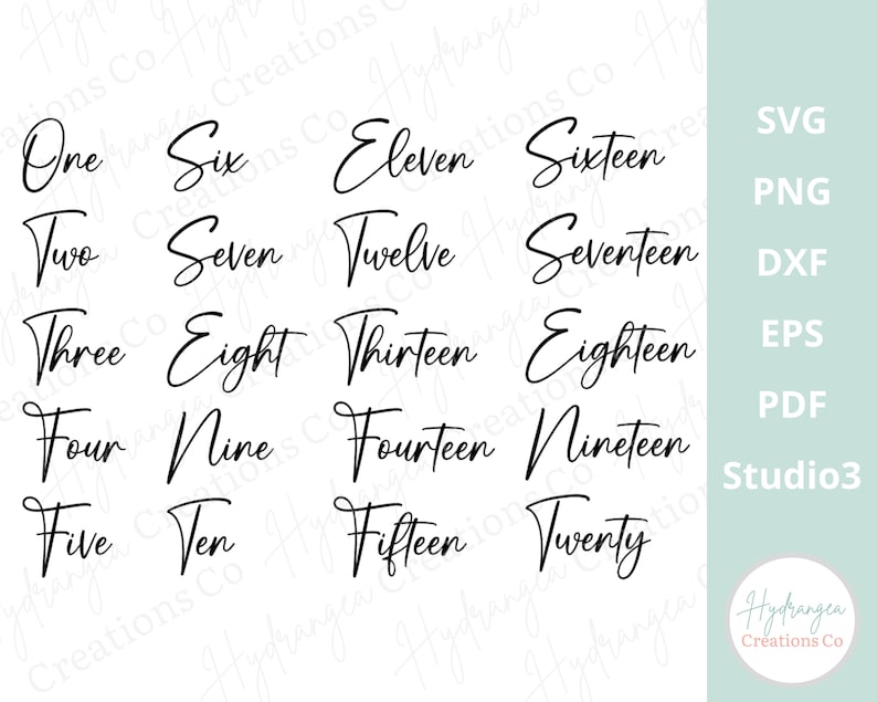May include: A black and white image of the numbers one through twenty written in a cursive script font. The numbers are arranged in four columns of five numbers each. The image also includes the text "SVG, PNG, DXF, EPS, PDF, Studio3, Hydrangea Creations Co."