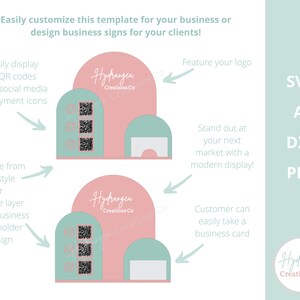 以下が含まれることがあります： 「Hydrangea Creations Co.」のテキストと3つのQRコードが書かれたピンクとグリーンのビジネスカードホルダーのデザインが2つ。これらのデザインは、企業が市場や展示会で使用するために作られています。