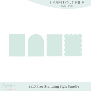 Puede incluir: Un paquete de archivos digitales de corte láser con cuatro formas de letreros distintas en color verde menta claro. Las formas incluyen un rectángulo, un arco y dos rectángulos festoneados. El texto dice LASER CUT FILE SVG | PDF y 8x10 Free Standing Sign Bundle.