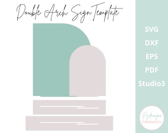 May include: Double arch sign template in SVG, DXF, EPS, PDF and Studio3 formats. The design features two arches, one on top of the other, with a light green color and a light gray color. The arches are on top of a light gray base with three horizontal lines.