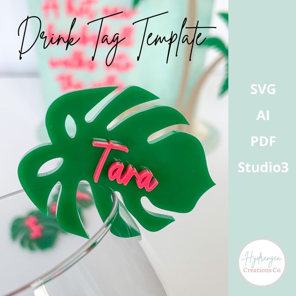 Monstera Leaf Drink Tag SVG Laser Cut File Template | Tropical Island Jungle Wild Beach Bridal Shower Wedding Birthday Drink Name Tag