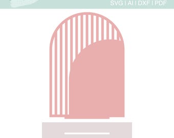May include: A pink 5x7 inch arch table number template with a striped design. The template is for use with a cutting machine and can be used to create table numbers for weddings, parties, or other events.