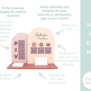 May include: A two-tone display stand in pink and natural wood. It has QR codes for social media and payments, a business card holder, and the text "Hydrangea Creations Co." Ideal for retail or market use, it is a professional payment and social media station.