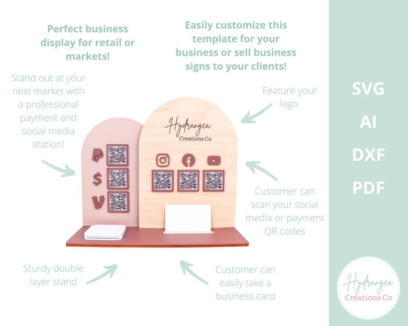 May include: A two-tone display stand in pink and natural wood. It has QR codes for social media and payments, a business card holder, and the text "Hydrangea Creations Co." Ideal for retail or market use, it is a professional payment and social media station.