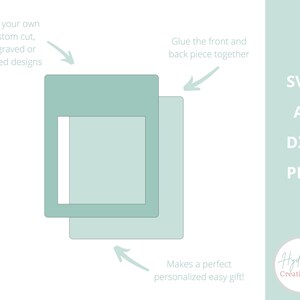 May include: A digital download of a layered design for a personalized box. The design is shown in light blue and can be cut, engraved, or scored. The design is available in SVG, AI, DXF, and PDF formats. The text "Glue the front and back piece together" is included in the image.