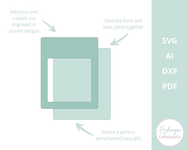 May include: A digital download of a layered design for a personalized box. The design is shown in light blue and can be cut, engraved, or scored. The design is available in SVG, AI, DXF, and PDF formats. The text "Glue the front and back piece together" is included in the image.