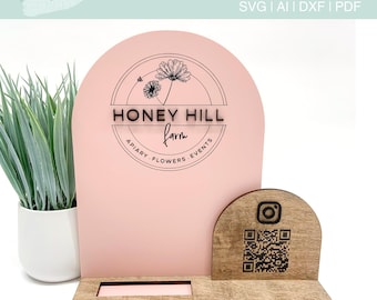 Business Card Holder QR Code Social Media Payment Sign Laser SVG File Template | Double Arch Market Craft Show | Vendor Display SVG