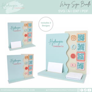 4 Wellenförmige QR-Zeichen Bundle-Laser-Datei SVG | Marktschau-Aufsteller | Scan to Pay QR-Code Social Media Zahlung Business Card & Square Reader Station