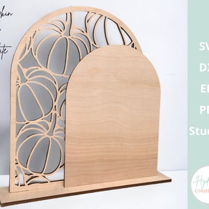 May include: A wooden pumpkin sign template with a cutout design of pumpkins. The template is in the shape of an arch and has a base. The sign is ready to be painted or stained.