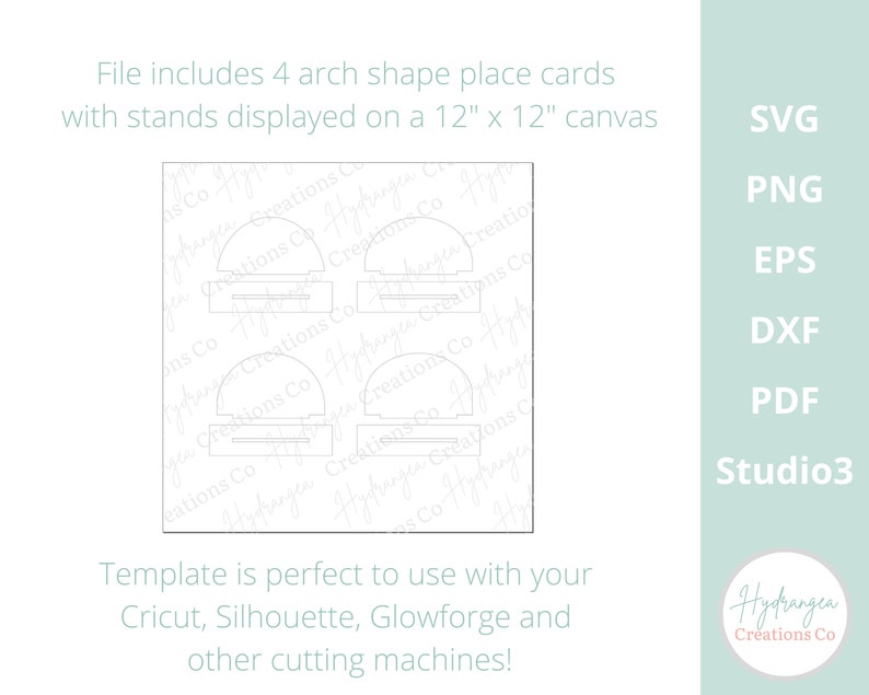 May include: A digital download of four arch-shaped place card templates with stands. The template is designed to be used with Cricut, Silhouette, Glowforge, and other cutting machines. The image shows the place cards displayed on a 30.5 cm by 30.5 cm canvas.