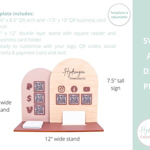 May include: A wooden business card and QR code display stand. The stand is 30.5 cm wide and 19 cm tall. It features a pink arch and a wooden arch with QR codes and social media icons. The stand includes a business card holder.