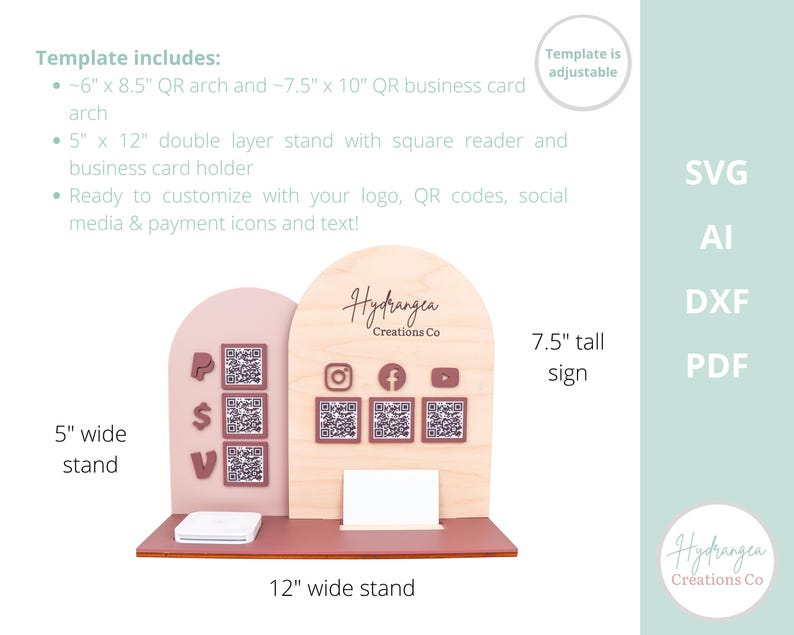 May include: A wooden business card and QR code display stand. The stand is 30.5 cm wide and 19 cm tall. It features a pink arch and a wooden arch with QR codes and social media icons. The stand includes a business card holder.