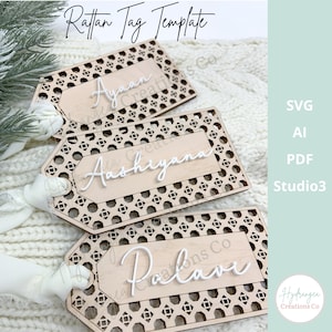 d'étiquettes pour bas de Noël en rotin | Canne en rotin famille Noël étiquettes de cadeaux SVG fichier découpé au laser en téléchargement numérique, étiquettes de nom en bois de Pâques