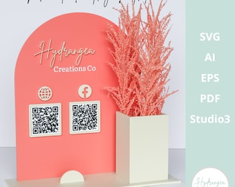 Floral Vase QR Code Social Media Payment Business Card Holder Sign Laser File | Arch Market Craft Show Display | Vendor Let's Get Social SVG