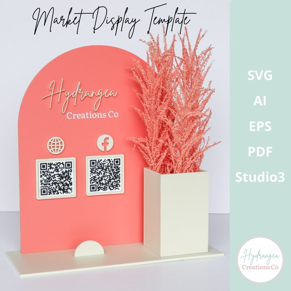 Floral Vase QR Code Social Media Payment Business Card Holder Sign Laser File | Arch Market Craft Show Display | Vendor Let's Get Social SVG