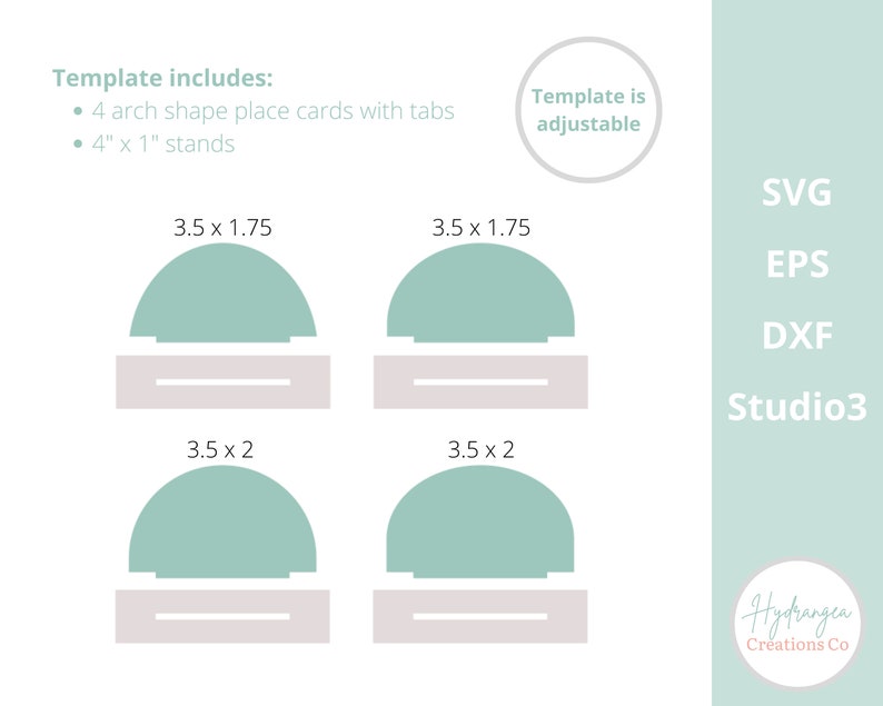 May include: A digital download template for four arch-shaped place cards with tabs and stands. The template is adjustable and includes the dimensions 3.5 x 1.75 inches and 3.5 x 2 inches. The template is available in SVG, EPS, DXF, and Studio3 formats.