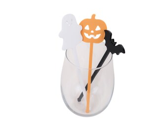 Halloween Stir Sticks SVG Laser Cut File Template | Drink Stirrer Spooky Party Favor Name Tag | Pumpkin Ghost Bat Stir Sticks