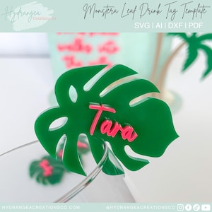 Modello di file SVG per etichetta per bevande con foglie di Monstera / Etichetta con nome per bevanda per matrimonio, compleanno, spiaggia selvaggia, giungla, isola tropicale