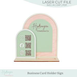 Modello SVG per porta biglietti da visita a doppio arco / Espositore per mostre artigianali con metodo di pagamento / Codice QR Instagram Social Media Station / File tagliato al laser