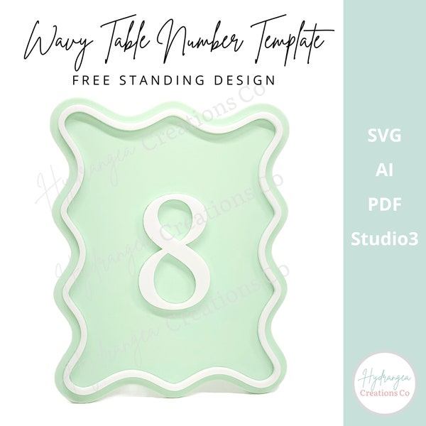 Wavy Retro Table Number Template SVG Laser Cut File Modern Wedding Acrylic Wood Signage | Bridal Baby Shower Baptism Graduation Birthday
