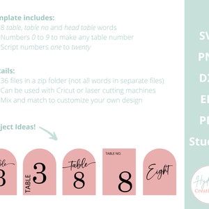 May include: A set of printable table number templates for weddings or other events. The templates feature a pink background with black text and numbers. The text includes "Table" and the numbers "3" and "8". The text "Eight" is also included in a script font. The text "Table No." is included in a smaller font. The text "Project Ideas!" is included in a larger font. The text "SVG, PNG, DXF, EPS, PDF, Studio3, Hydrangea Creations Co." is included in a smaller font.