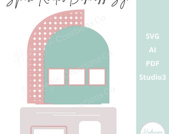 May include: A digital design for a square reader business sign. The sign is a light green arch with three square windows. The top of the arch is a pink and white polka dot pattern. The sign also includes a rectangular space for text.