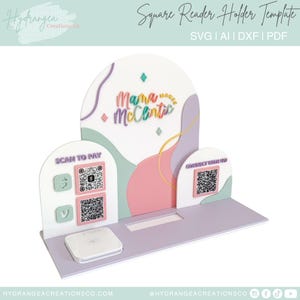 Quadrat Reader Dock Laserdatei SVG | Markt Handwerk Show Display | Scan to Pay QR-Code Social Media Zahlungsschild | Visitenkartenhalter-Station