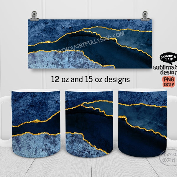 12 oz and 15 oz Coffee Mug Sublimation PNG design, blue marble, gold glitter wrap, suitable for Cricut Mug Press, mug sublimation template