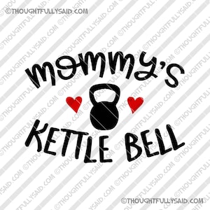 May include: A graphic design with the words "mommy's KETTLE BELL" in black, featuring a kettlebell icon and two red heart icons. The background has diagonal white and light gray stripes. The website thoughtfullysaid.com is repeated.