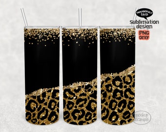 Leopard Black Gold Glitter, 20 oz skinny tumbler Sublimation PNG file, wrap waterslide - 2 versions - Digital