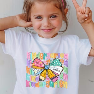 Kindergarten Girls Shirt, Custom Name Tee, Back to School Outfit, Personalized Preschool Shirt for Girls, Colorful Bow Design