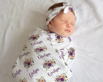 Baby girl personalized swaddle, baby blanket, custom name, baby shower gift, bow and swaddle set, stretchy knit jersey,