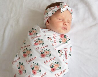 Baby swaddle blanket, personalized blanket, custom name, knit swaddle,baby shower gift,swaddle set,bow and swaddle set, stretchy knit jersey