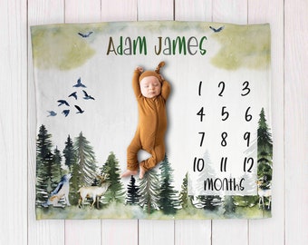 Milestone Blanket, Baby Blanket, Fleece Blanket, Baby Shower Gift, Swaddle Blanket, Newborn, Boy Milestone, Woodland, Mountains milestone