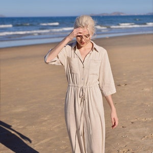 Linen Jumpsuits Women Overall Collars Sleeves Linen Romper Linen Long Jumpsuit image 6