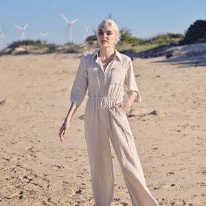 Linen Jumpsuits Women Overall Collars Sleeves Linen Romper Linen Long Jumpsuit image 1