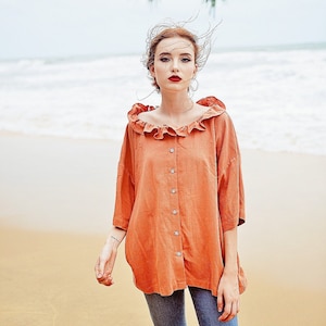 Linen Shirt Long Sleeves Linen Tops Women Linen Blouse Women Collar Shirt Organic Cotton Clothes image 1