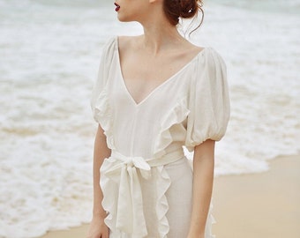 Linen Dress Short - White Linen Dress - Deep Vneck Mini Dress - Mini Dress Frills - Puff Sleeves