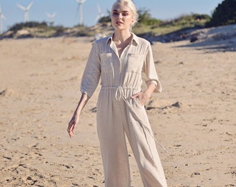 Linen Jumpsuits - Women Overall Collars - Sleeves Linen Romper - Linen Long Jumpsuit