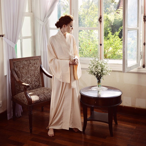 Silk Robe Kimono - Full Length Robe - Long Dressing Gown - Long Sleeve