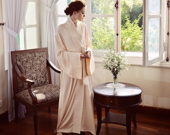Kimono de seda - Robe longo - Roupão longo - Manga comprida
