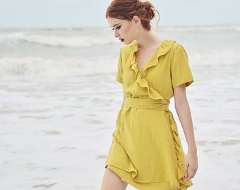 Linen Wrap Dress Summer - Wrap Dress Sleeve - Frills Wraparound Dress