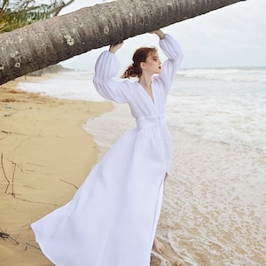 Linen Dress Long Sleeve - Balloon Sleeves Gauze Dress - White Summer Dress Maxi