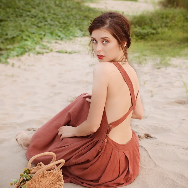 Schürzenleinenkleid - Baumwollschürzenkleid - Midi-Leinenkleid - Bio-Baumwollkleid - Kleid für Frauen - Naturstoff