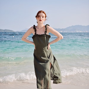 Olive Linen Dress Sleeveless - Women Summer Dress - Mid-calf Womens Dresses